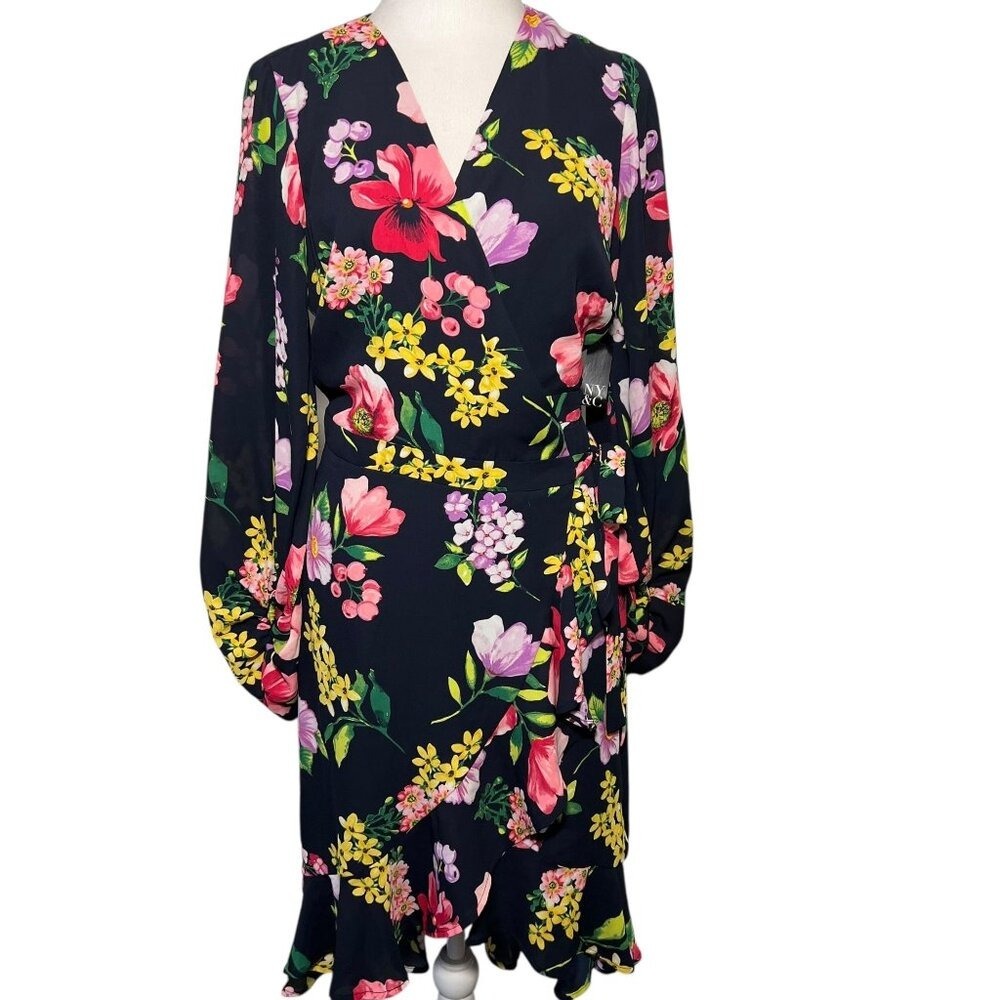 New York & Company Floral Wrap Dress Small Long Sleeve Ruffle Church Wedding